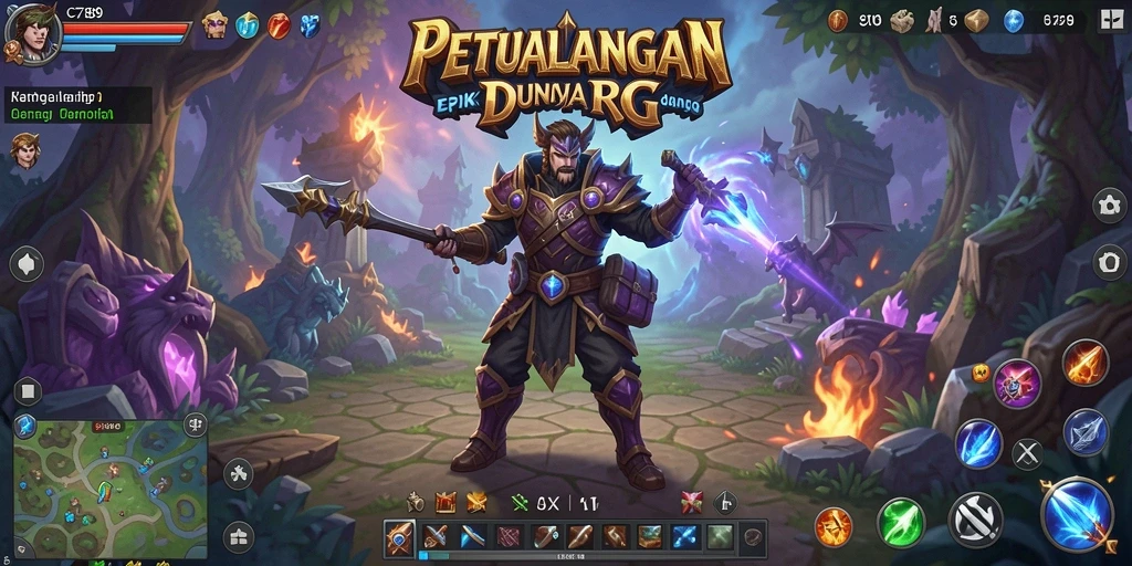 Screenshot menunjukkan karakter utama dalam pertarungan RPG yang epik.