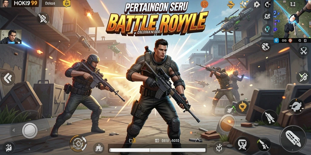 Tangkapan layar gameplay HOKI99 yang menampilkan aksi Battle Royale yang intens.