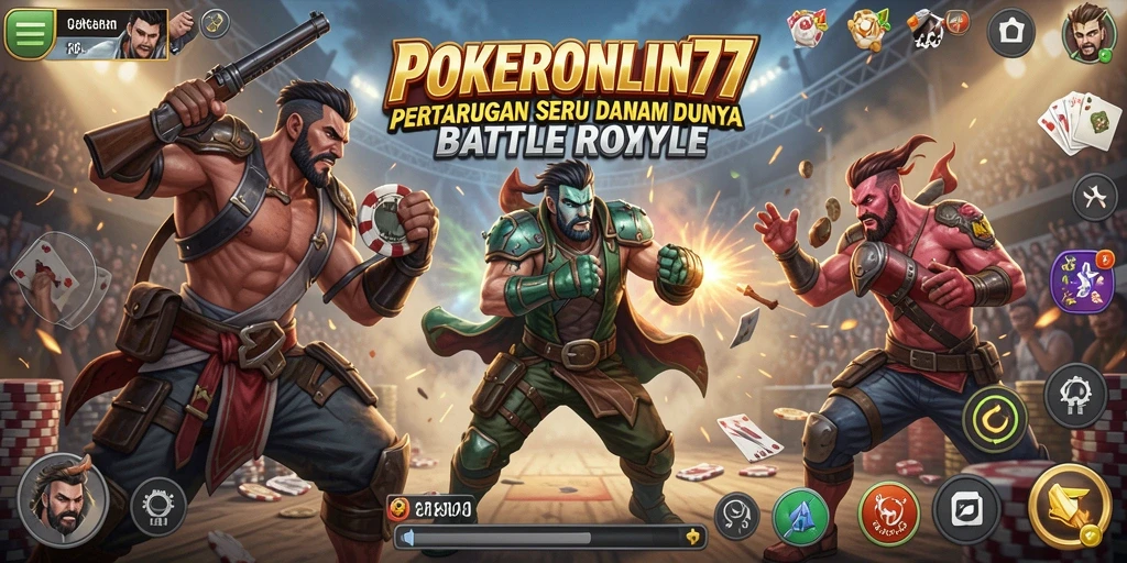 Screenshot gameplay POKERONLIN77 yang menampilkan aksi seru Battle Royale.