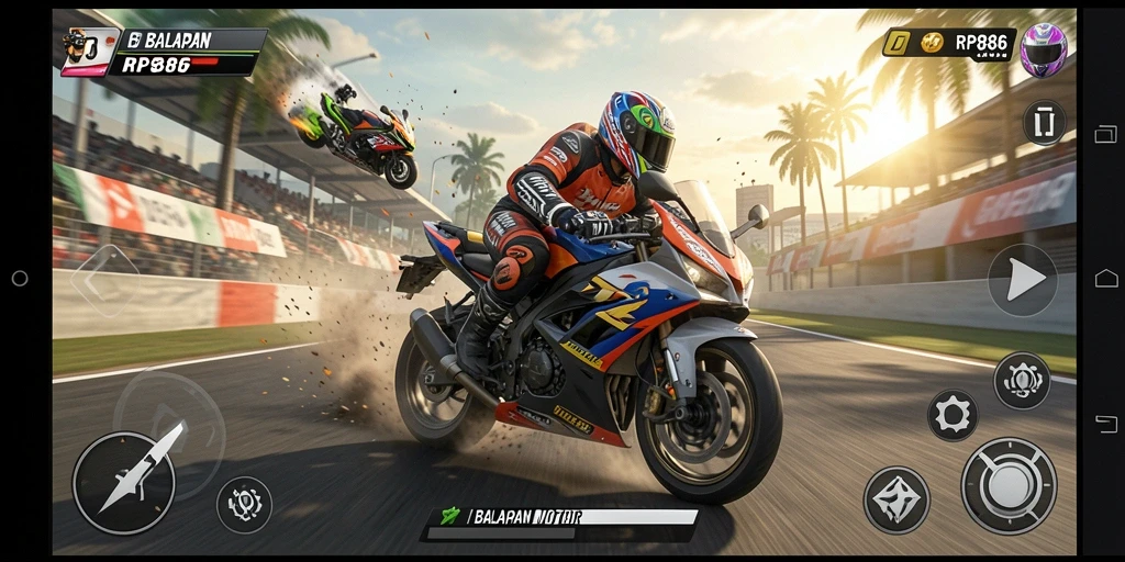 Tampilan gameplay RP886 yang mendebarkan saat balapan motor.
