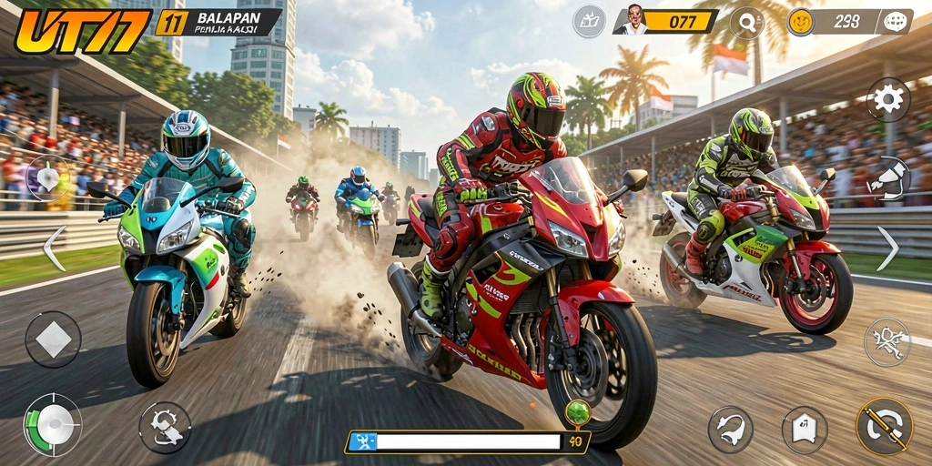 Screenshot UT77 menampilkan aksi balapan motor yang mendebarkan.